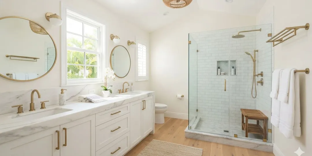 Modern bathroom with walk-in glass shower and marble vanity in a Jupiter, FL home
