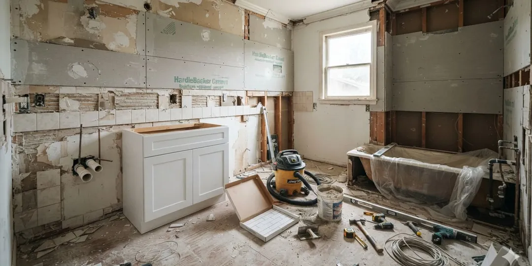 Bathroom remodel in progress showing demolition and new materials