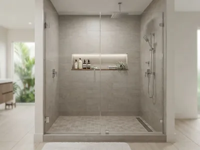 Custom walk-in shower with porcelain tile and frameless glass enclosure