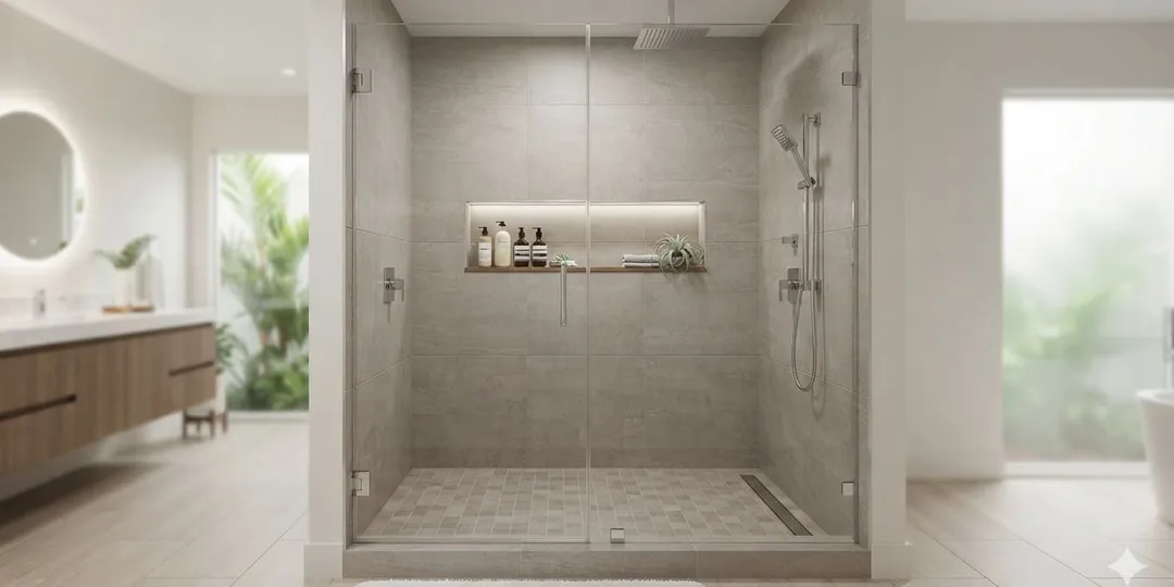 Custom walk-in shower with porcelain tile and frameless glass enclosure