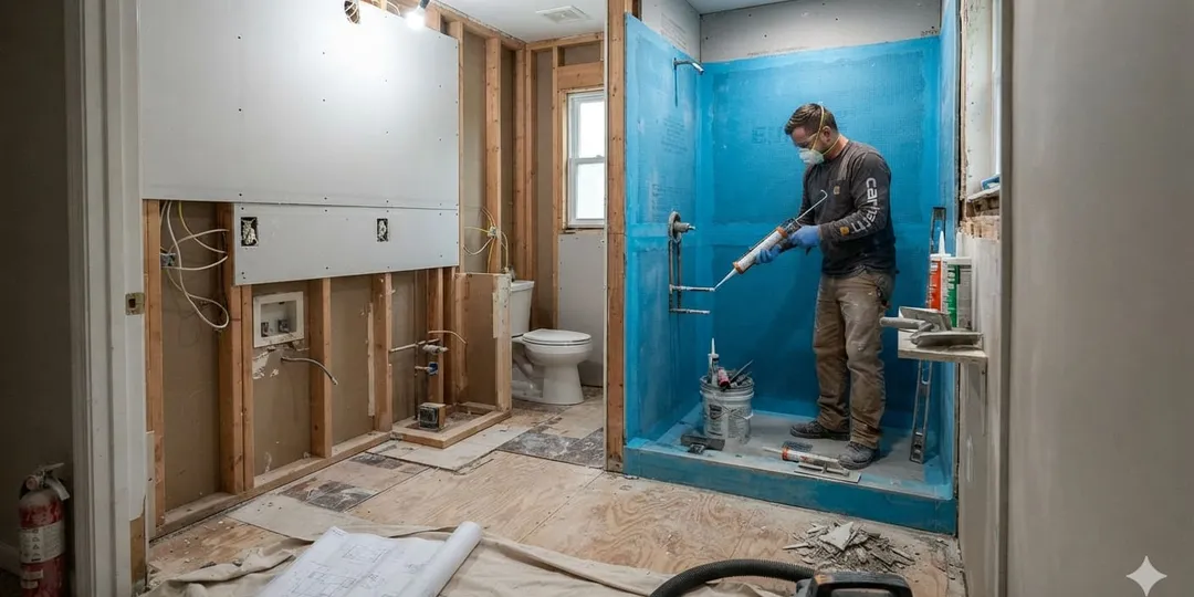 Bathroom renovation mid-project with waterproofing membrane being applied