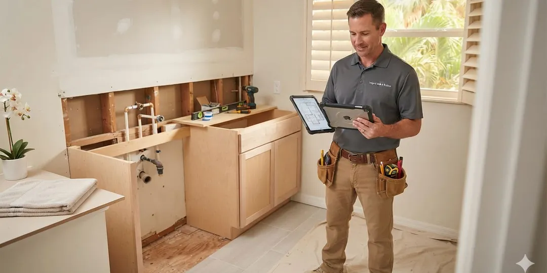 Bathroom remodeling contractor reviewing plans on a tablet