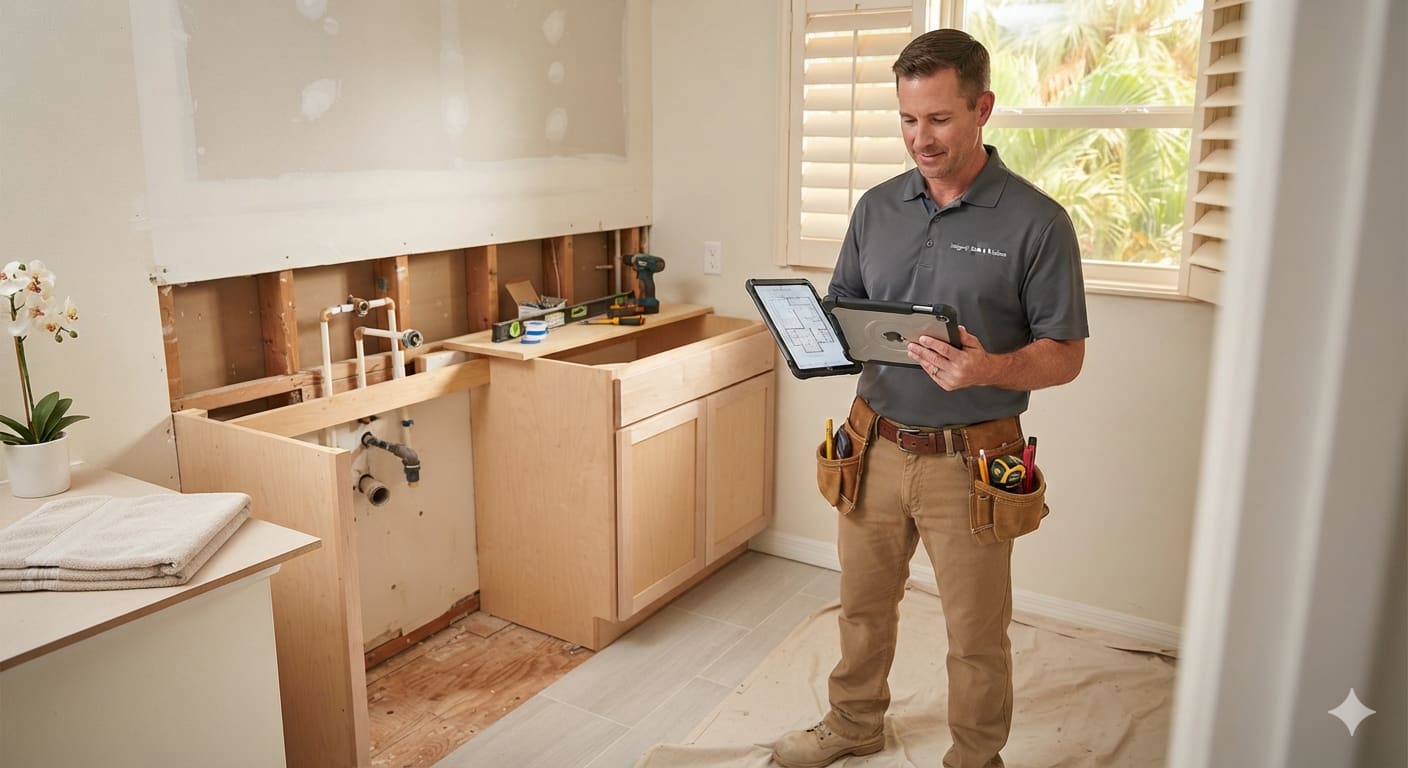 Bathroom remodeling contractor reviewing plans on a tablet